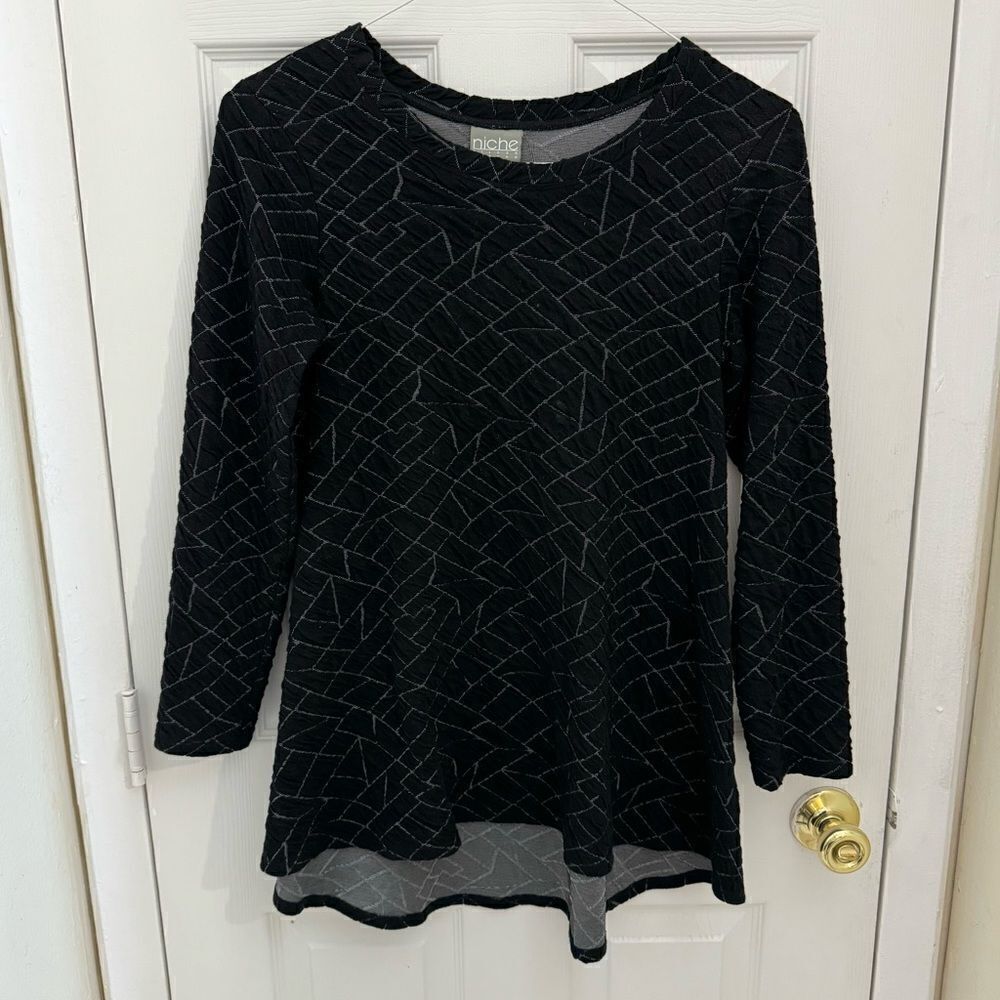 Niche by Nilgun Derman Geometric Print Tunic Size XS Black Lagenlook Artsy Boxy